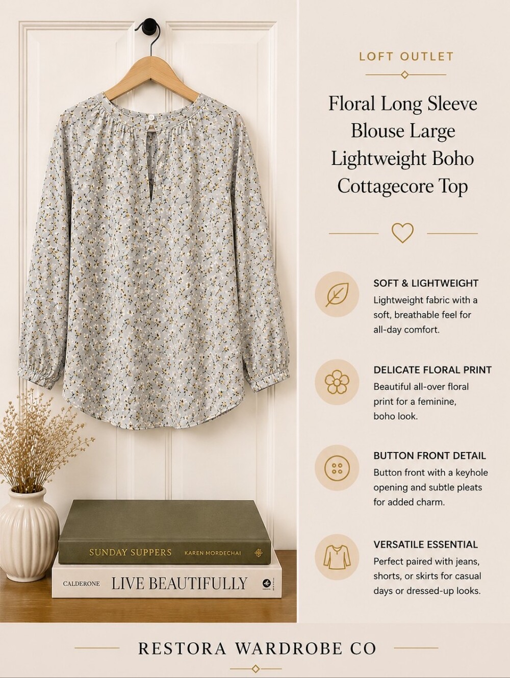 LOFT Outlet Floral Long Sleeve Blouse Large Lightweight Boho Cottagecore Top